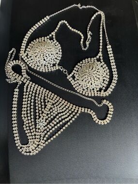 Make offer! Crystal Rhinestone Bikini Bra Thong Body Chain Silver one size set